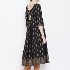 Poshak Hub Women Black Cotton Golden Printed Anarkali Kurta.