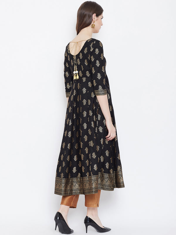 Poshak Hub Women Black Cotton Golden Printed Anarkali Kurta.
