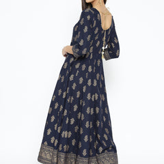 Poshak Hub Women Blue Cotton Golden Printed Anarkali Kurta.
