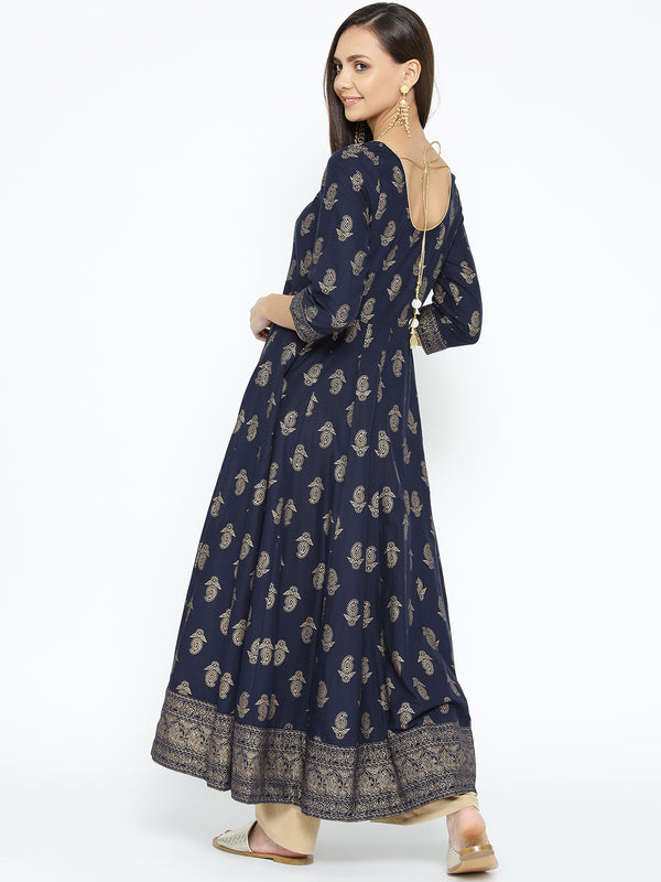 Poshak Hub Women Blue Cotton Golden Printed Anarkali Kurta.