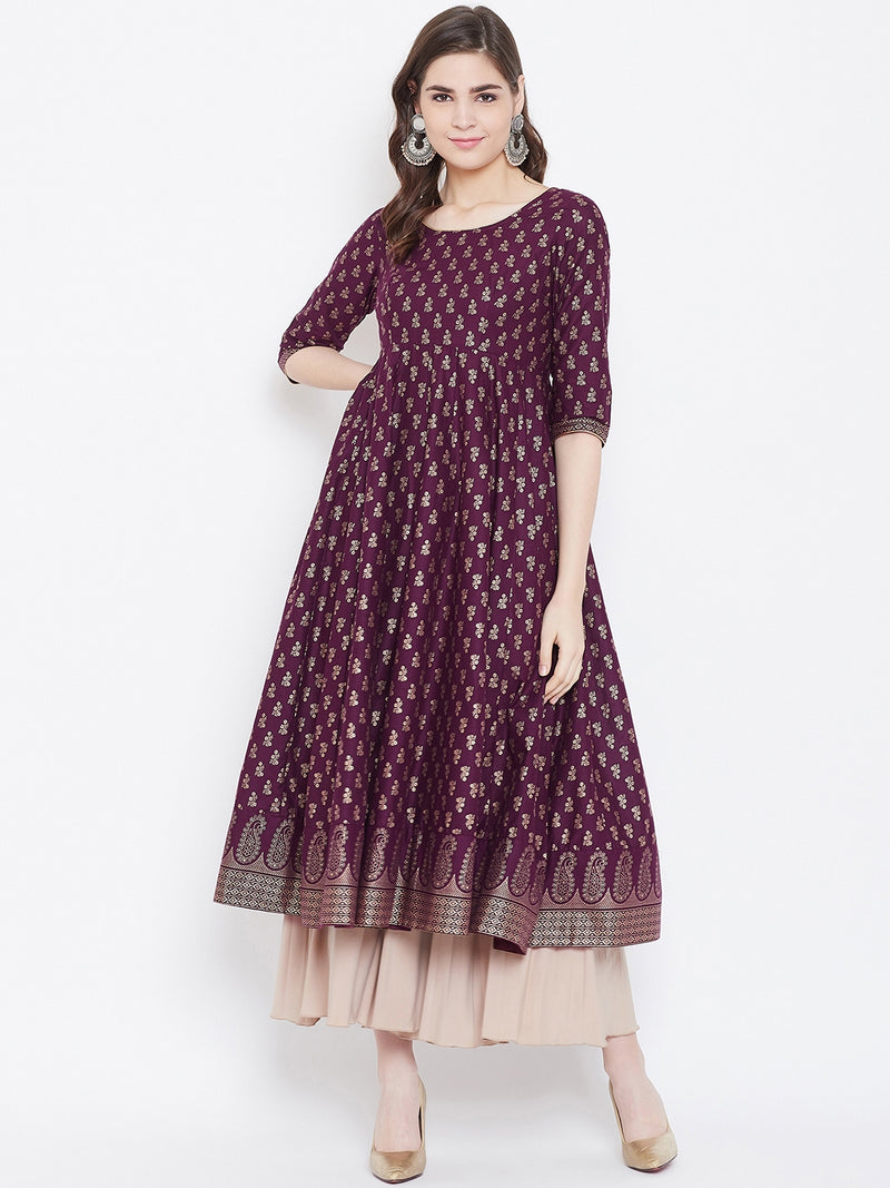 Poshak Hub Women Purple Cotton Golden Printed Anarkali Kurta.