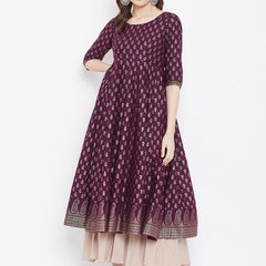 Poshak Hub Women Purple Cotton Golden Printed Anarkali Kurta.