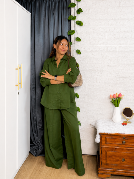 Premium Cotton Co-Ord Set for Women | Relaxed Fit Shirt & Wide Leg Pants