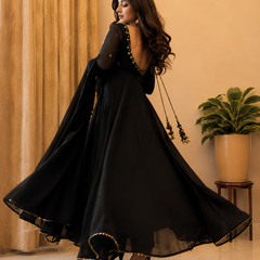 Midnight Black Embellished Anarkali Suit Set for Women