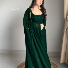 Emerald Green Embellished Anarkali Suit Set with Pearl-Trimmed Dupatta