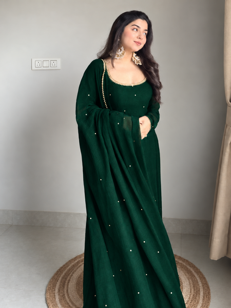 Emerald Green Embellished Anarkali Suit Set with Pearl-Trimmed Dupatta