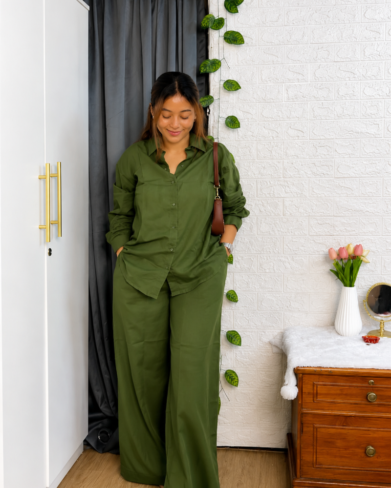 Premium Cotton Co-Ord Set for Women | Relaxed Fit Shirt & Wide Leg Pants