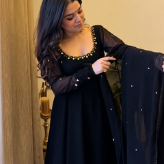 Midnight Black Embellished Anarkali Suit Set for Women
