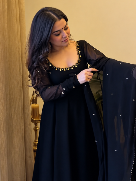 Midnight Black Embellished Anarkali Suit Set for Women