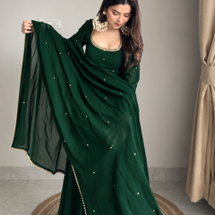 Emerald Green Embellished Anarkali Suit Set with Pearl-Trimmed Dupatta