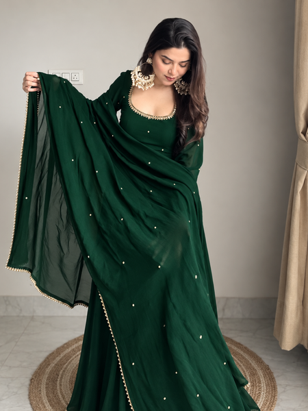 Emerald Green Embellished Anarkali Suit Set with Pearl-Trimmed Dupatta