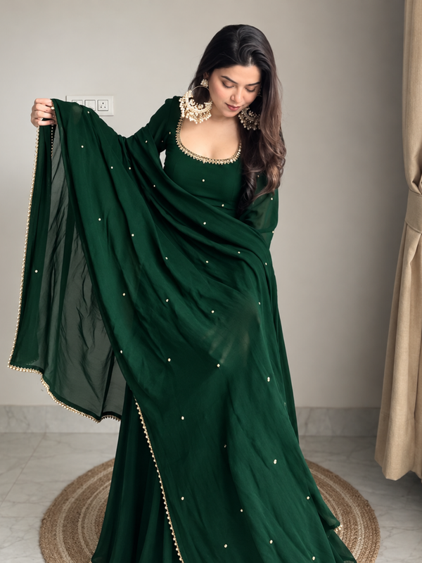 Emerald Green Embellished Anarkali Suit Set with Pearl-Trimmed Dupatta