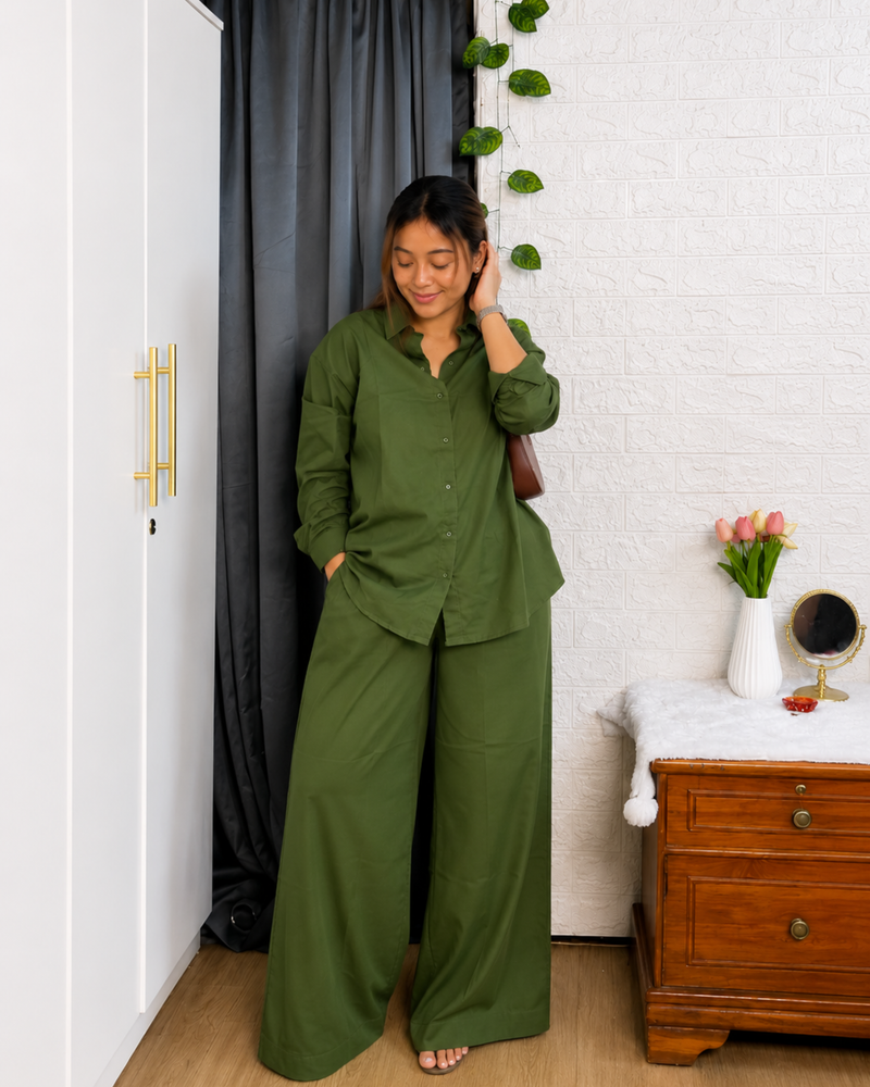Premium Cotton Co-Ord Set for Women | Relaxed Fit Shirt & Wide Leg Pants