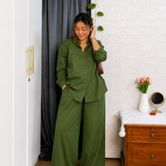 Premium Cotton Co-Ord Set for Women | Relaxed Fit Shirt & Wide Leg Pants