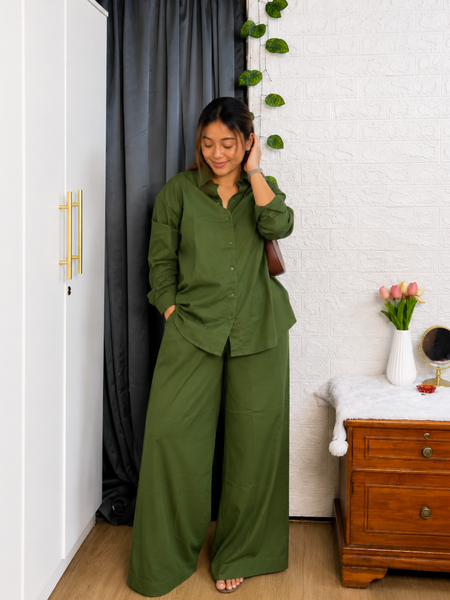 Premium Cotton Co-Ord Set for Women | Relaxed Fit Shirt & Wide Leg Pants