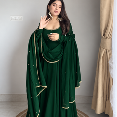 Emerald Green Embellished Anarkali Suit Set with Pearl-Trimmed Dupatta