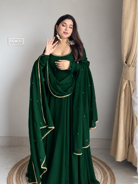 Emerald Green Embellished Anarkali Suit Set with Pearl-Trimmed Dupatta