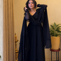 Midnight Black Embellished Anarkali Suit Set for Women