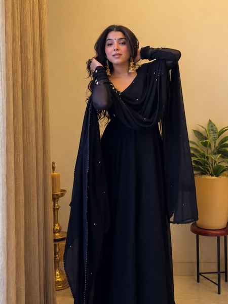Midnight Black Embellished Anarkali Suit Set for Women