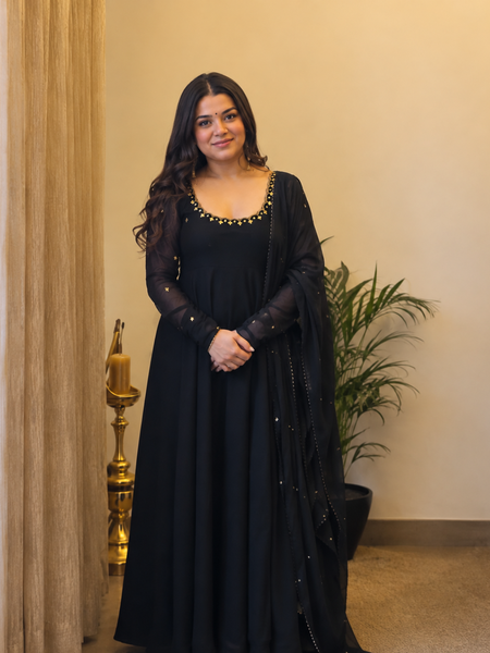 Midnight Black Embellished Anarkali Suit Set for Women