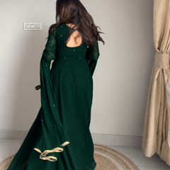 Emerald Green Embellished Anarkali Suit Set with Pearl-Trimmed Dupatta