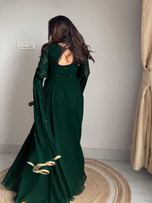 Emerald Green Embellished Anarkali Suit Set with Pearl-Trimmed Dupatta