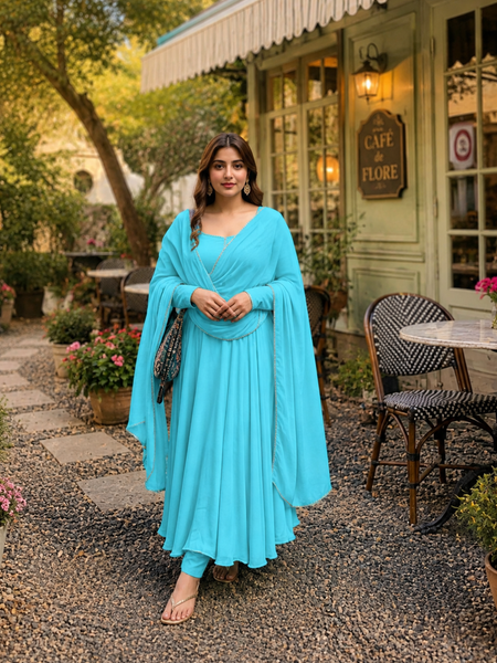 Turquoise Georgette Anarkali Suit Set with Dupatta