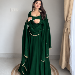 Emerald Green Embellished Anarkali Suit Set with Pearl-Trimmed Dupatta