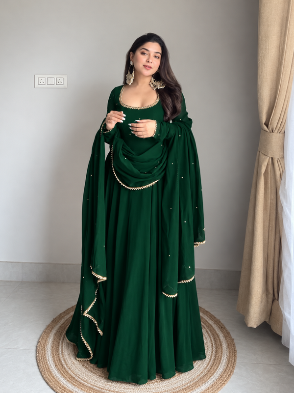 Emerald Green Embellished Anarkali Suit Set with Pearl-Trimmed Dupatta