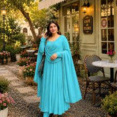 Turquoise Georgette Anarkali Suit Set with Dupatta