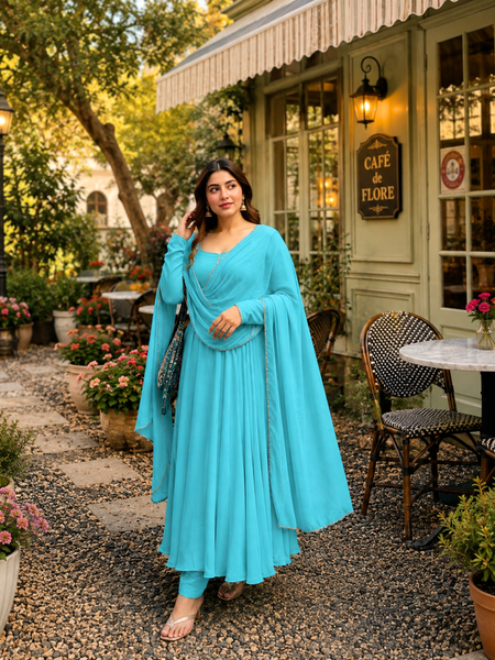 Turquoise Georgette Anarkali Suit Set with Dupatta