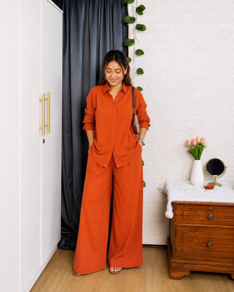 Premium Cotton Co-Ord Set for Women | Relaxed Fit Shirt & Wide Leg Pants