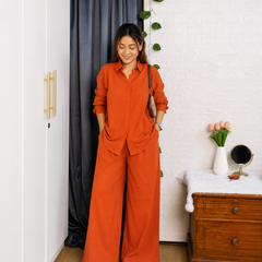 Premium Cotton Co-Ord Set for Women | Relaxed Fit Shirt & Wide Leg Pants