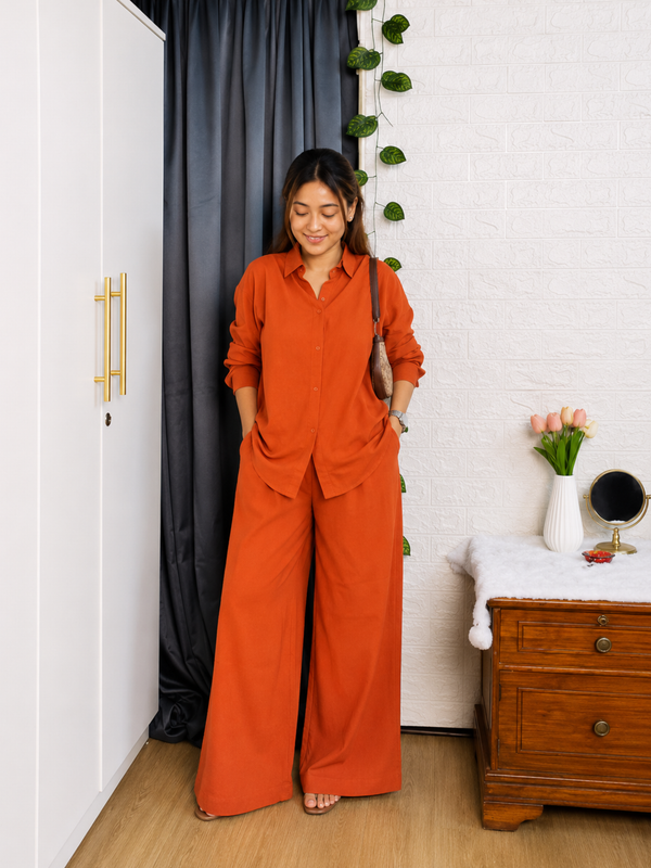 Premium Cotton Co-Ord Set for Women | Relaxed Fit Shirt & Wide Leg Pants