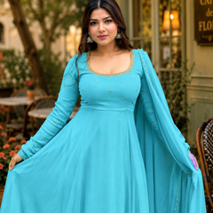 Turquoise Georgette Anarkali Suit Set with Dupatta