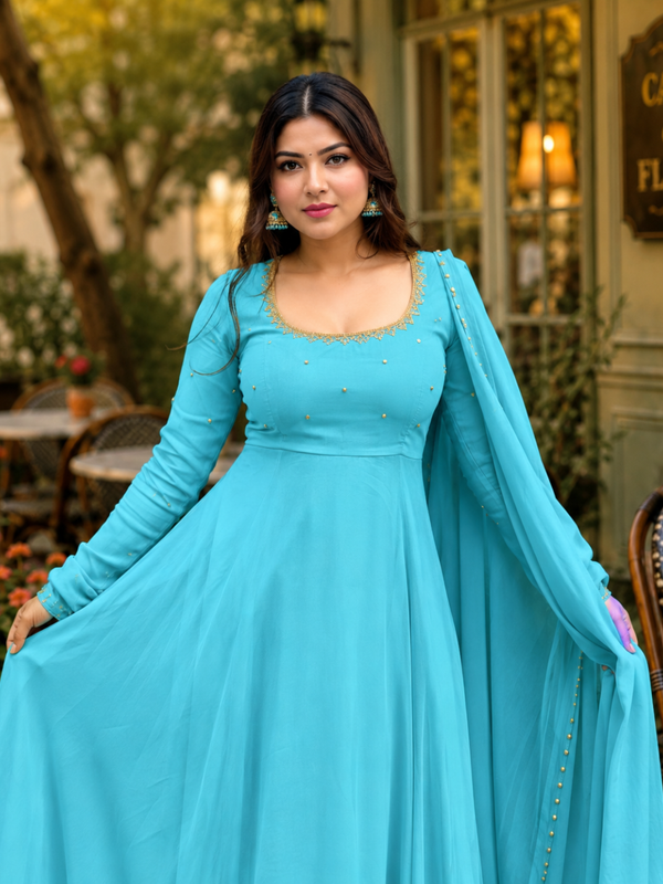 Turquoise Georgette Anarkali Suit Set with Dupatta