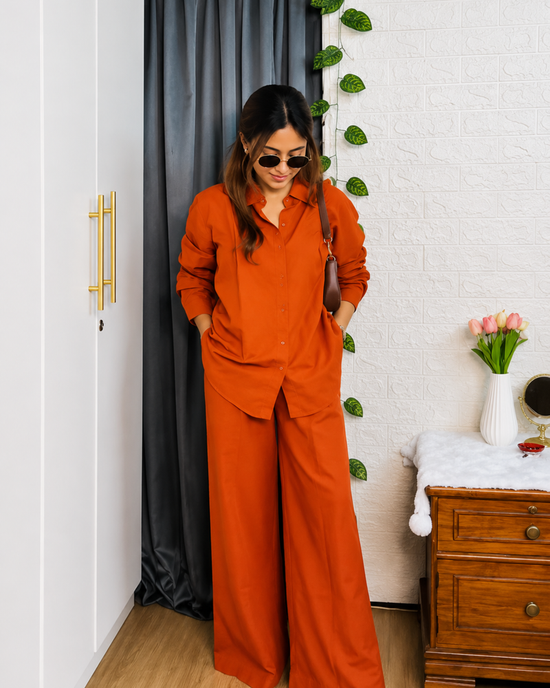 Premium Cotton Co-Ord Set for Women | Relaxed Fit Shirt & Wide Leg Pants
