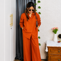 Premium Cotton Co-Ord Set for Women | Relaxed Fit Shirt & Wide Leg Pants