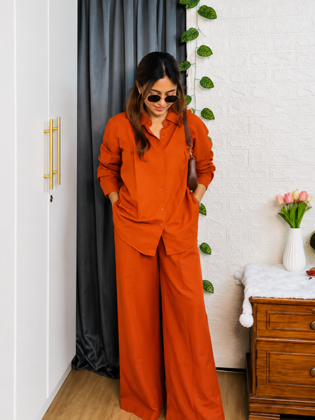 Premium Cotton Co-Ord Set for Women | Relaxed Fit Shirt & Wide Leg Pants