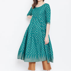 Poshak Hub Women Turquoise Cotton Golden Printed Anarkali Kurta.