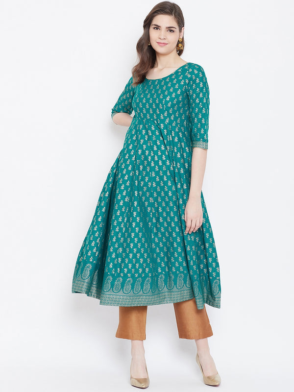 Poshak Hub Women Turquoise Cotton Golden Printed Anarkali Kurta.