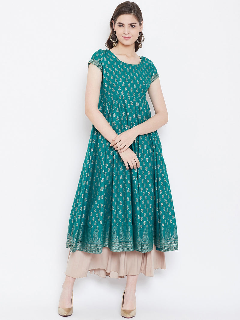 Poshak Hub Women Turquoise Cotton Golden Printed Anarkali Kurta.