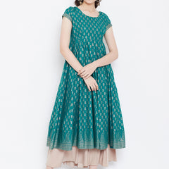 Poshak Hub Women Turquoise Cotton Golden Printed Anarkali Kurta.