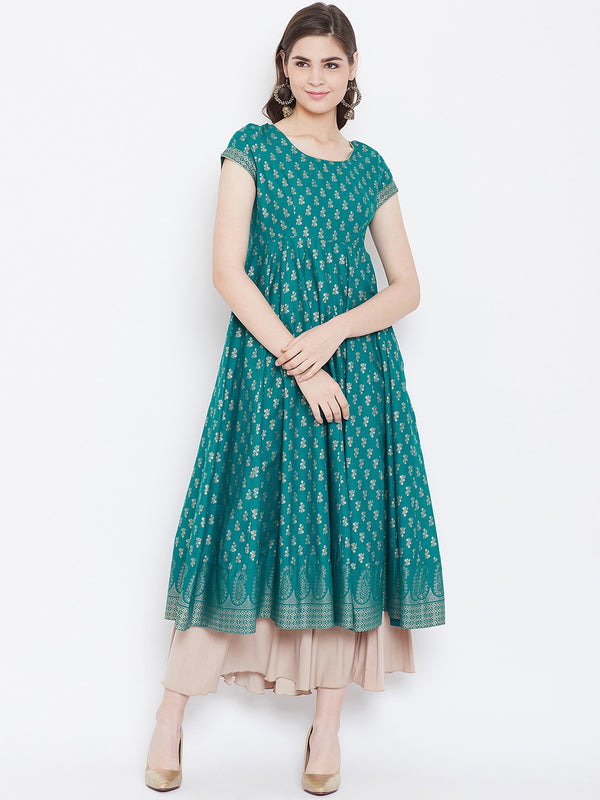 Poshak Hub Women Turquoise Cotton Golden Printed Anarkali Kurta.