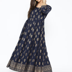 Poshak Hub Women Blue Cotton Golden Printed Anarkali Kurta.