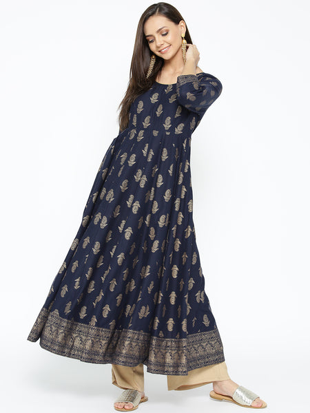 Poshak Hub Women Blue Cotton Golden Printed Anarkali Kurta.