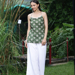 Women Olive Green Printed Sleeveless Shoulder Strap Tunic