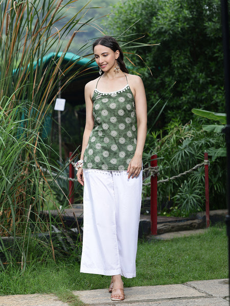 Women Olive Green Printed Sleeveless Shoulder Strap Tunic