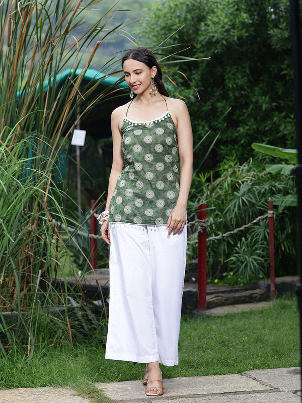 Women Olive Green Printed Sleeveless Shoulder Strap Tunic