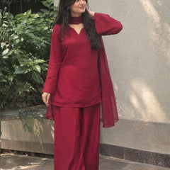 Maroon Straight Kurta Palazzo Set with Sheer Dupatta